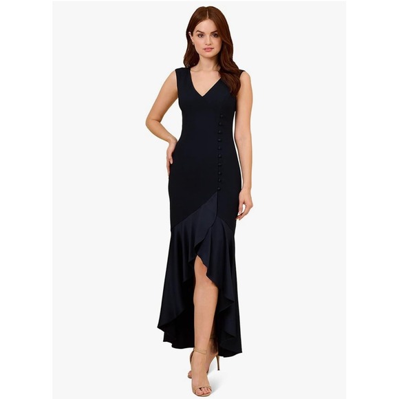 ADRIANA PAPELL Navy Satin Crepe Button High-Low Gown Size 16! - Picture 1 of 10